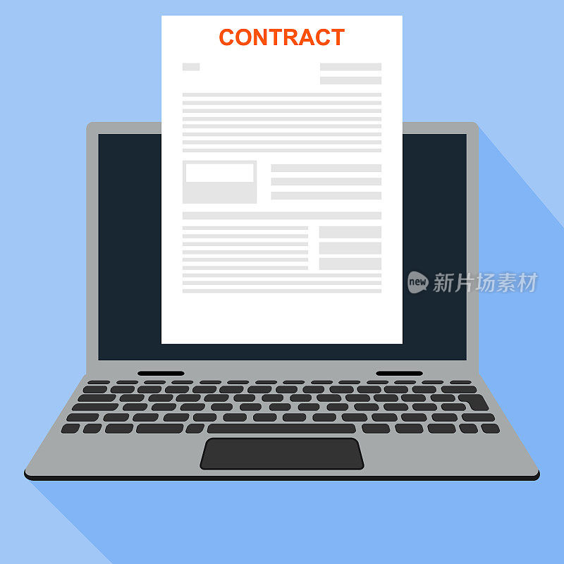 Online contract. Contract document on laptop background. Vector, cartoon illustration. Vector.